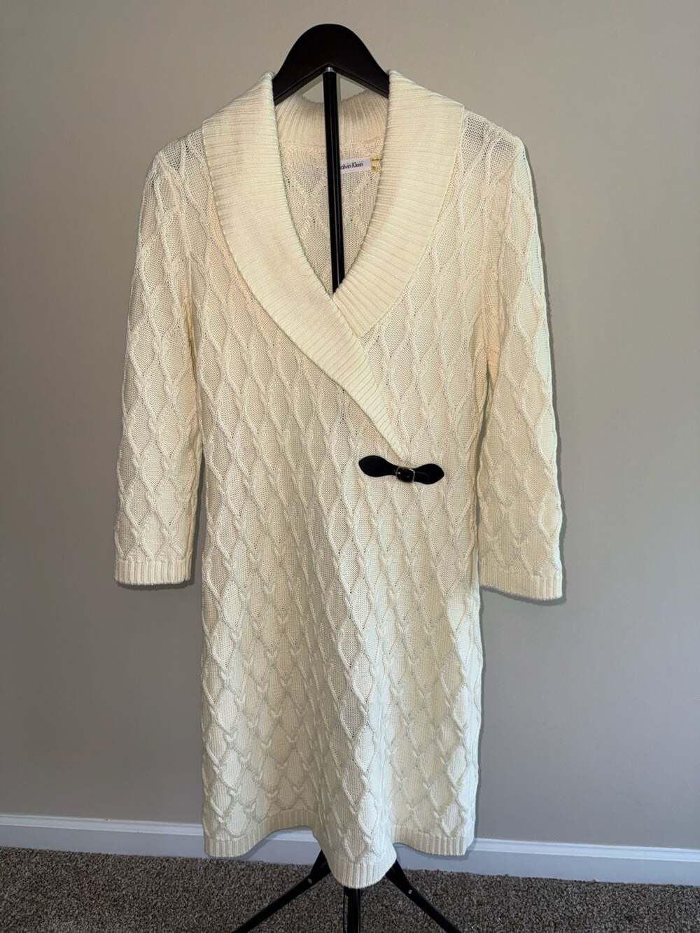 Calvin Klein Cream Cable Knit Dress with Bow Detail